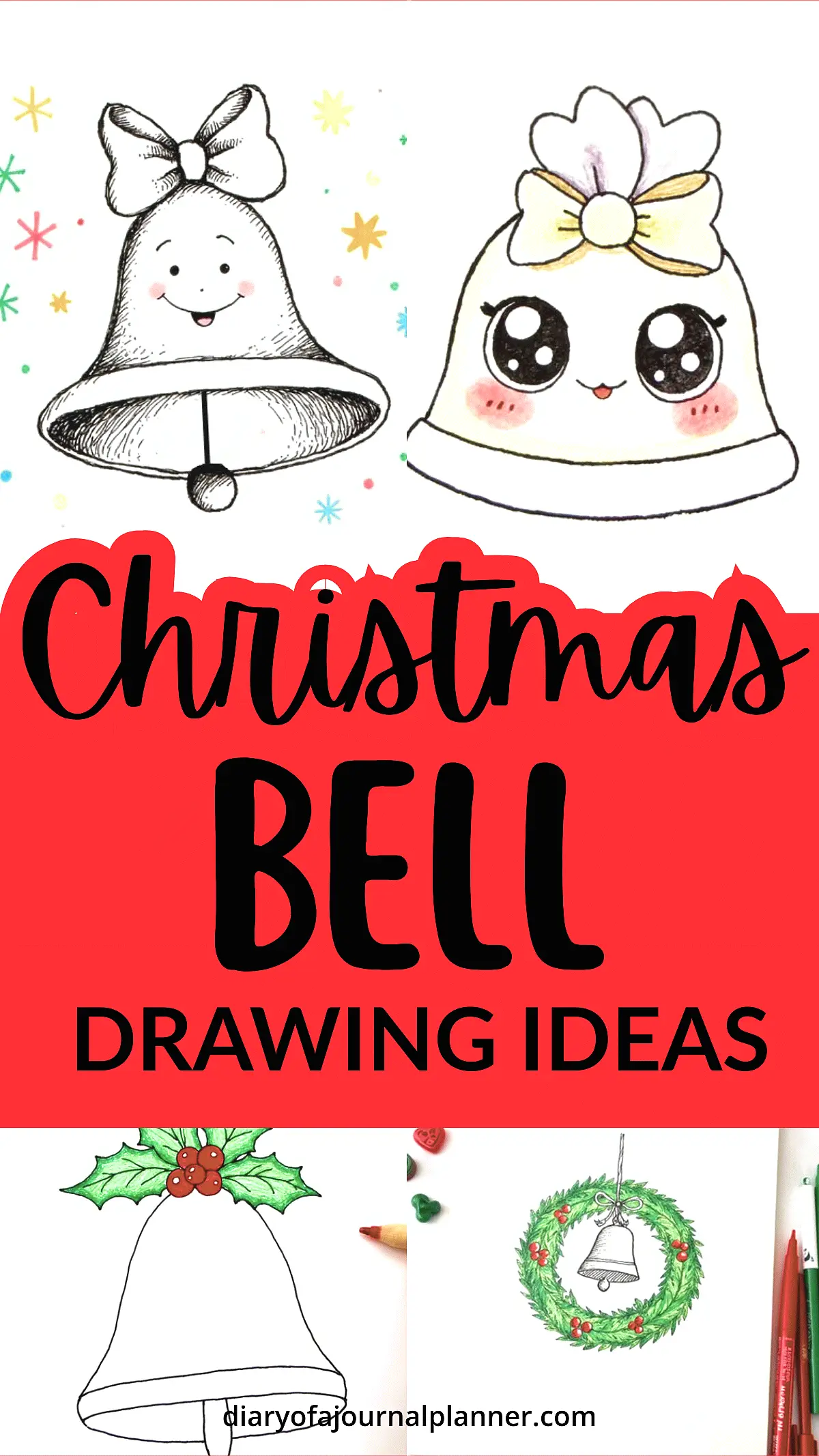 Cute Christmas bell drawing ideas with festive designs and holiday decorations, perfect for seasonal art inspiration.