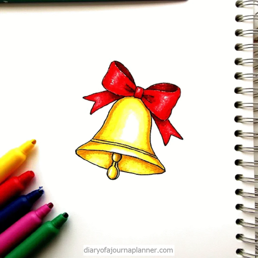 Drawing of a yellow bell with a red bow on paper, surrounded by colorful markers.