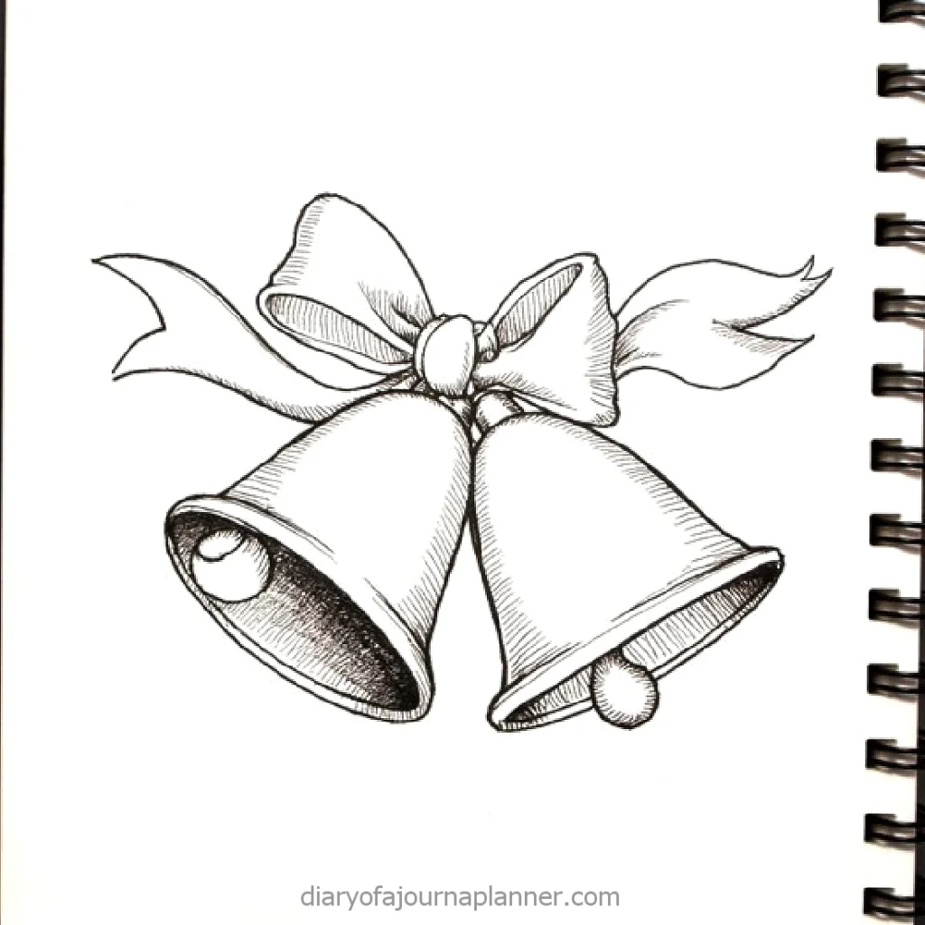 Black and white sketch of two ringing bells tied with a ribbon bow, conveying festive holiday cheer.