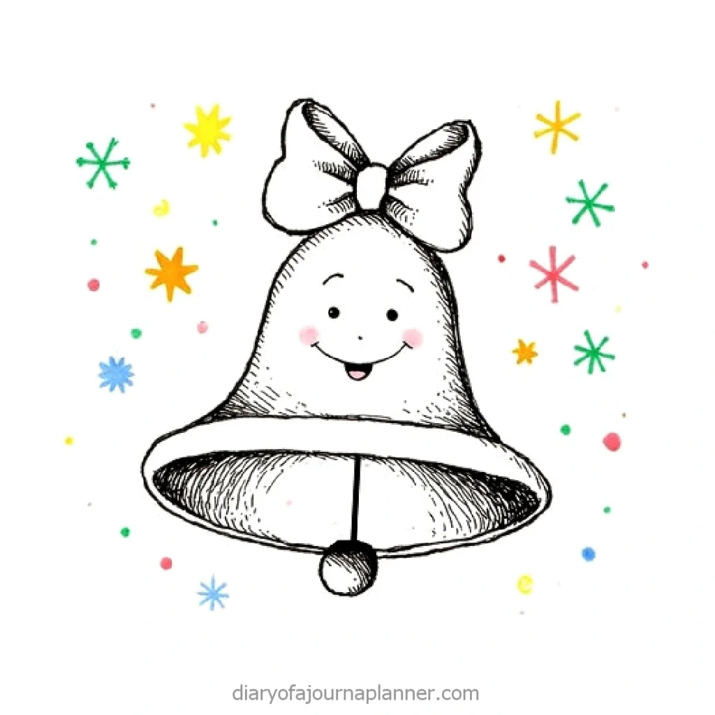 Smiling Christmas bell with a bow, surrounded by colorful stars. Festive holiday illustration.