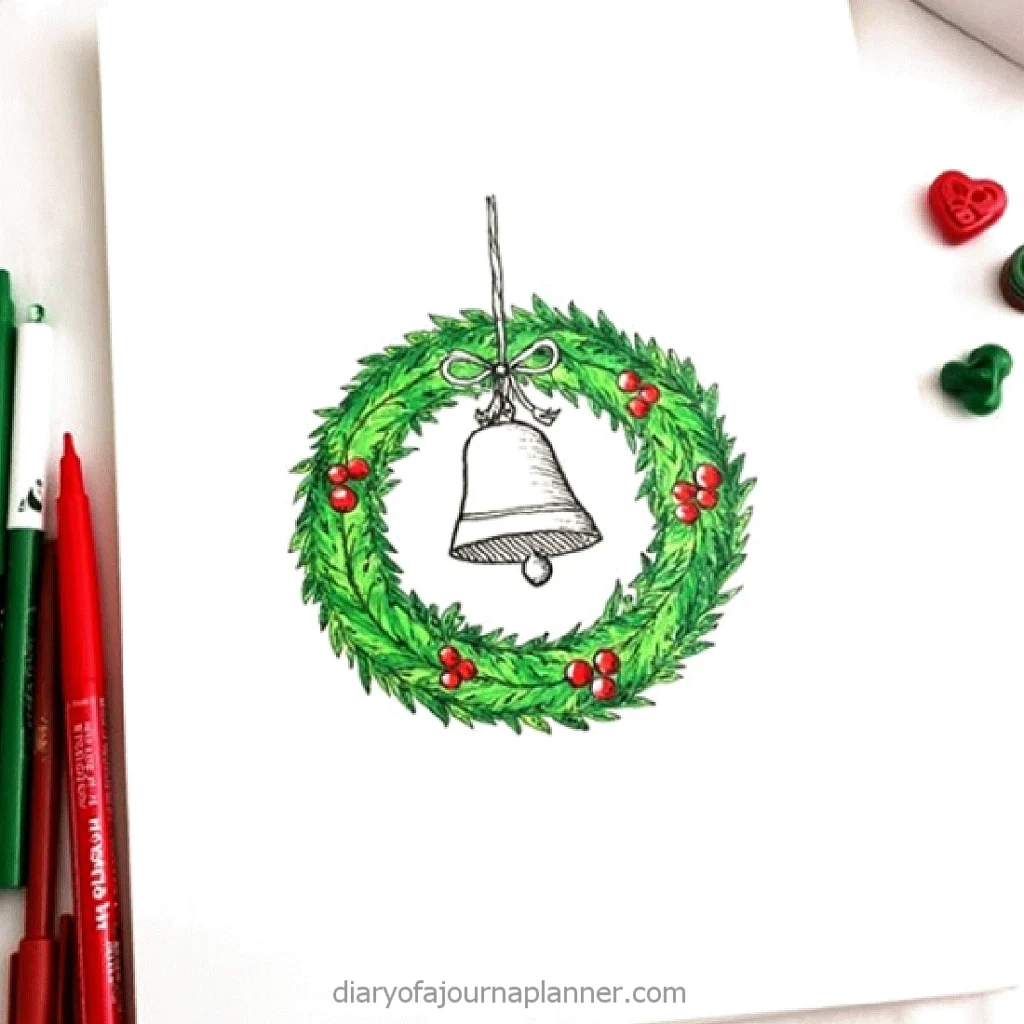 Hand-drawn Christmas wreath with red berries and a hanging bell, accompanied by red and green pens.