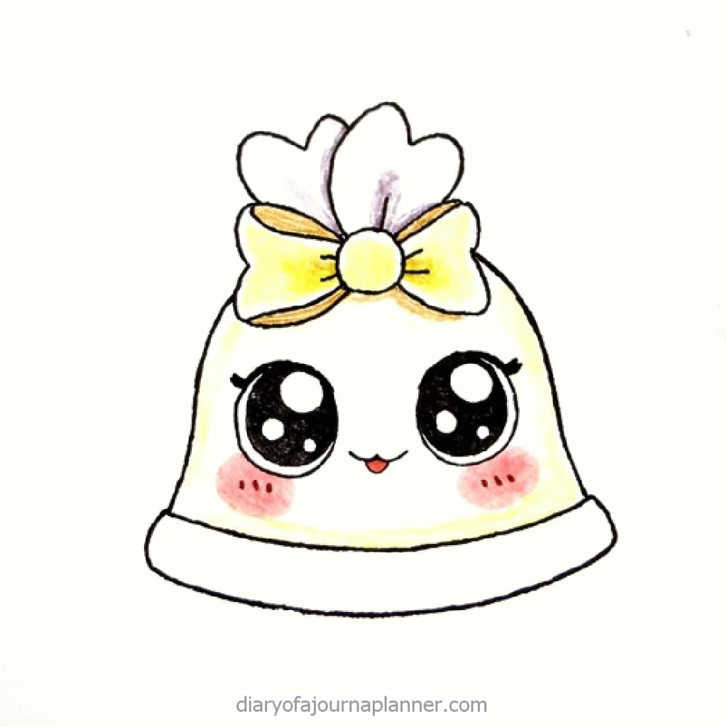 Cute hand-drawn kawaii bell with a yellow bow, blushing cheeks, and sparkling eyes for diary planners.