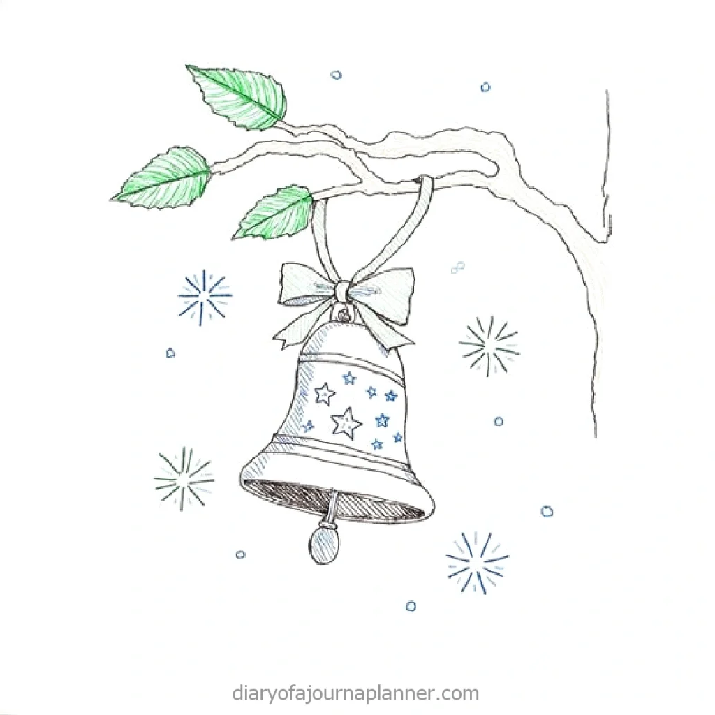 Illustrated bell with stars hanging from branch, surrounded by leaves and snowflakes.