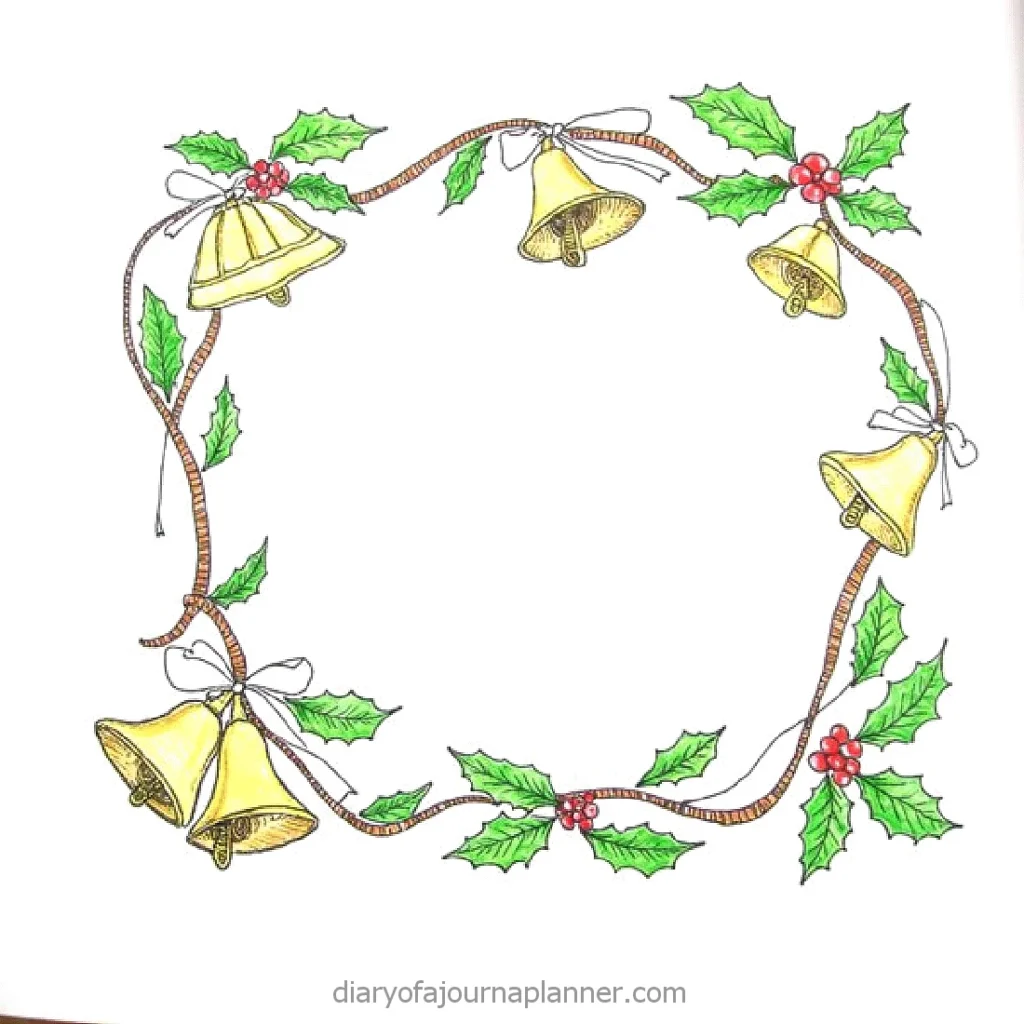 Festive wreath with holly leaves, red berries, and golden bells on a white background. Decorative holiday frame.