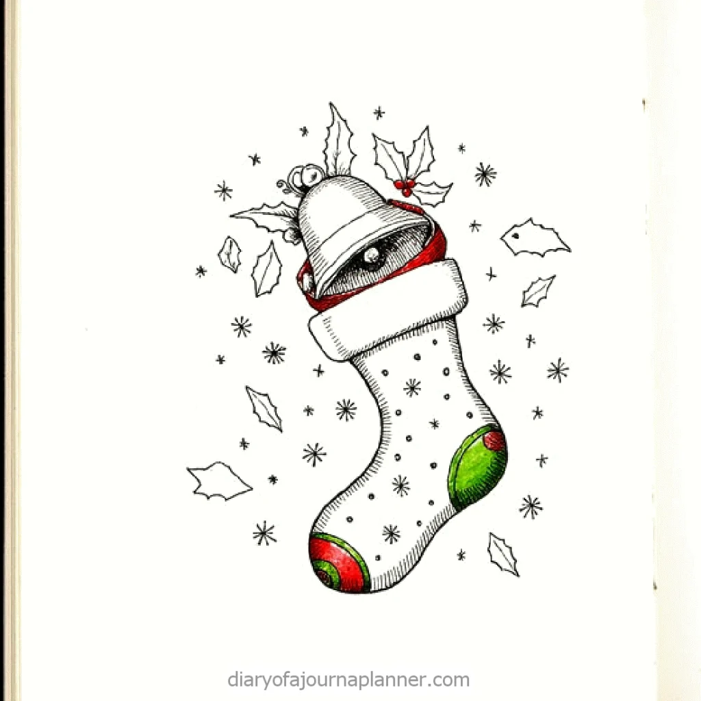 Hand-drawn Christmas stocking with bells and holly, surrounded by snowflakes and leaves.