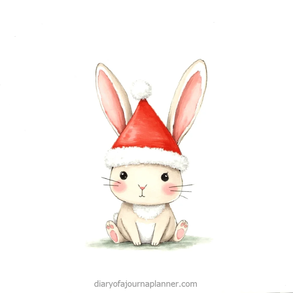 Cute bunny wearing a Santa hat, perfect for Christmas themes and festive decor.