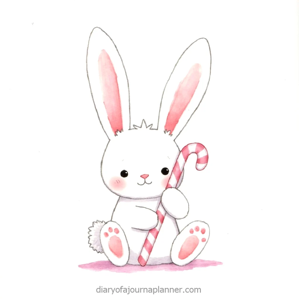 Cute bunny holding a striped candy cane, with pink ears and joyful expression, on a white background.