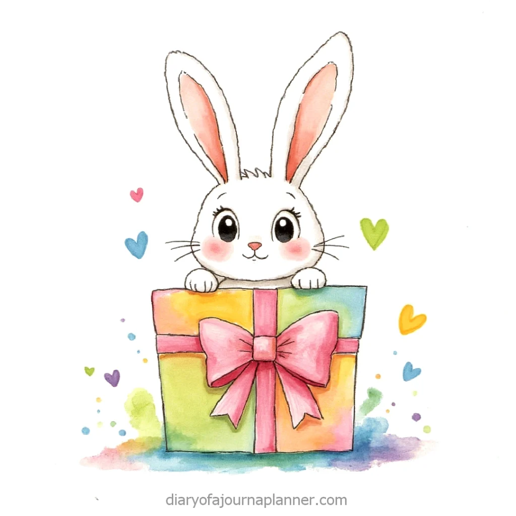Cute bunny peeking from a colorful gift box with a pink bow and hearts, watercolors.