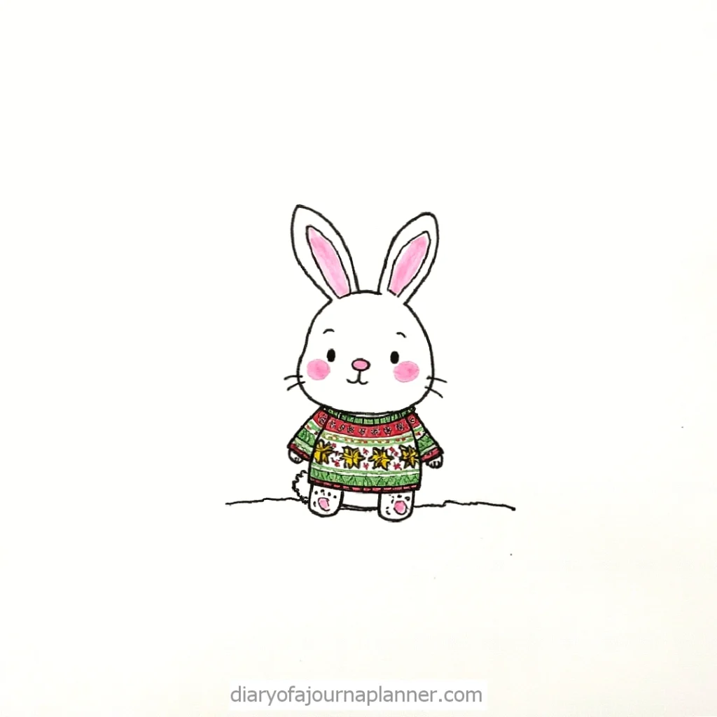 Cute bunny in a colorful sweater with stars and stripes, standing against a white background.