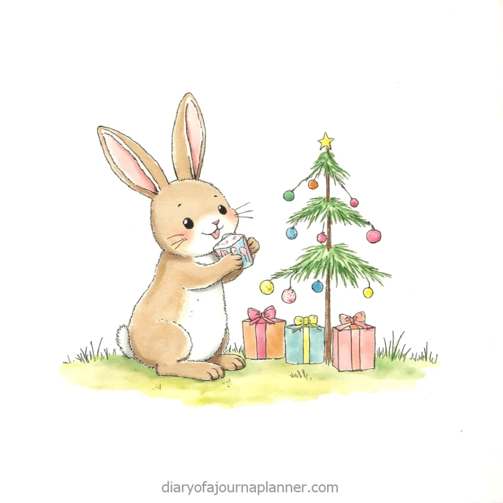 Cute bunny decorating a small Christmas tree with gifts nearby.