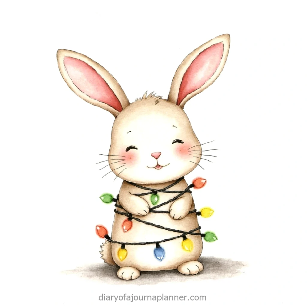 Cute bunny wrapped in colorful Christmas lights, smiling with pink ears and a fluffy tail. Perfect festive illustration.