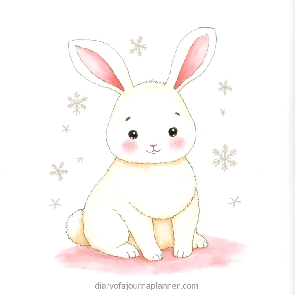 Cute cartoon bunny with pink ears and cheeks surrounded by snowflakes on a light background.