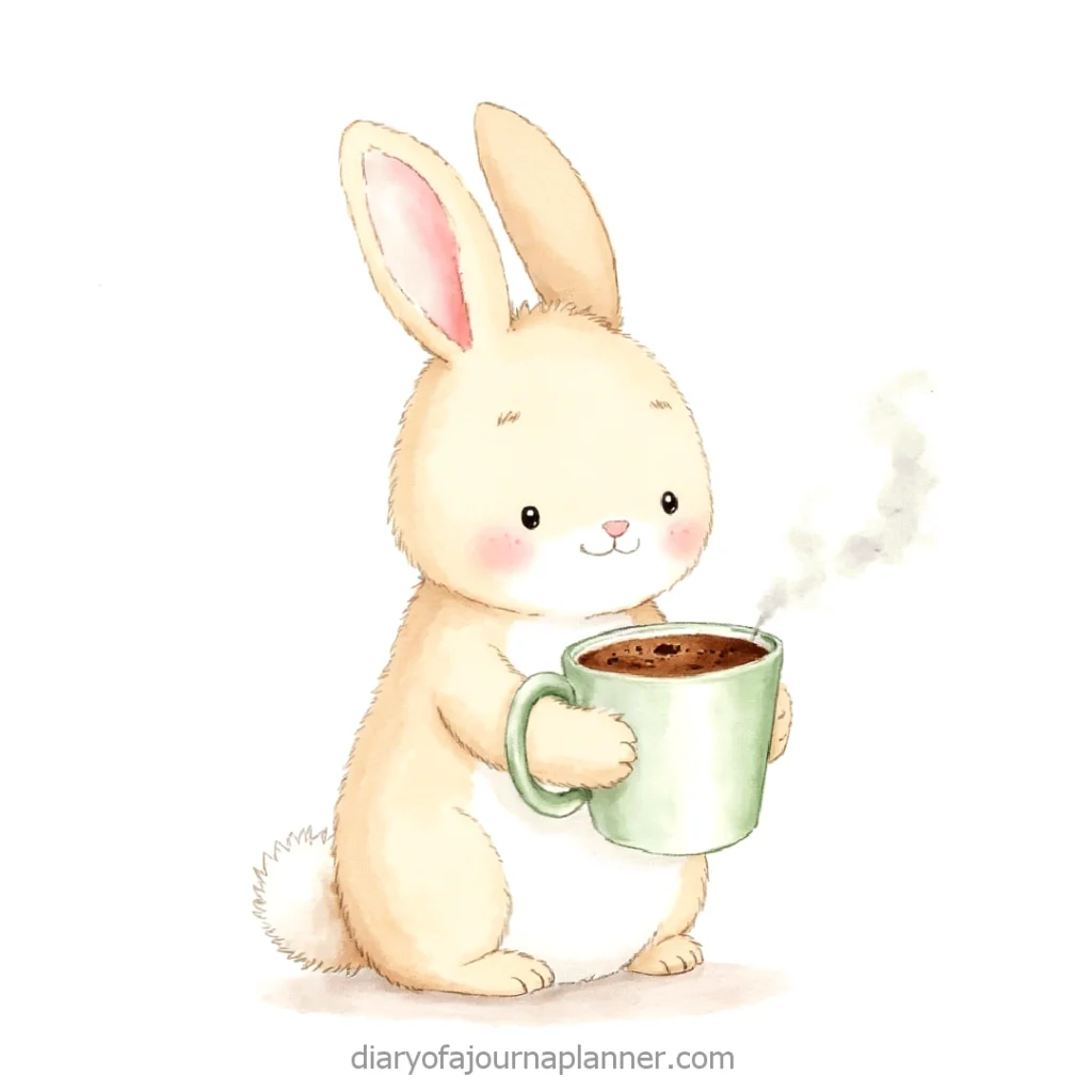 Cute cartoon bunny holding a steaming coffee mug, perfect for cozy morning vibes.