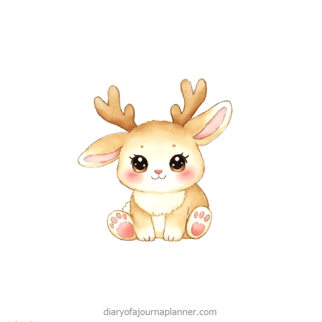 Cute cartoon deer with antlers and big eyes, sitting happily on a white background. Perfect for kid-friendly content.