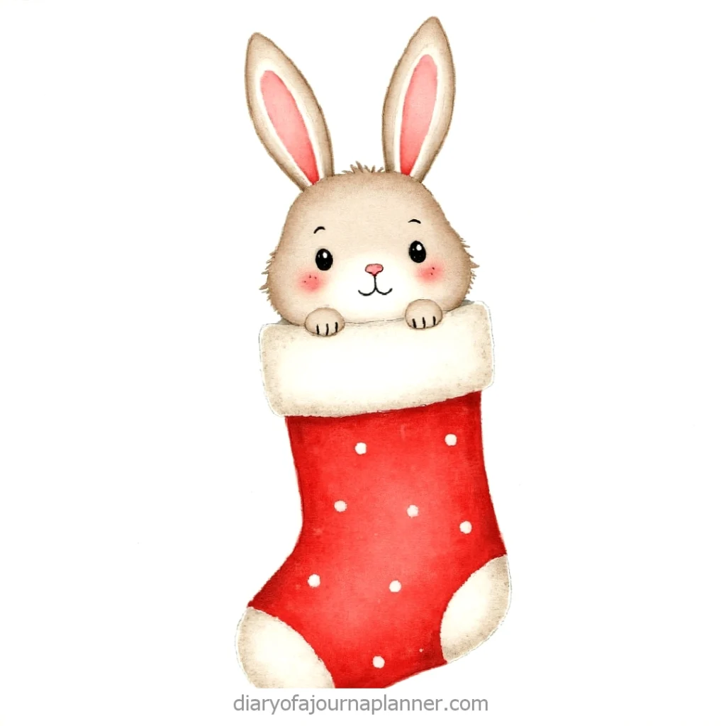 Cute bunny peeks out of a festive red Christmas stocking with polka dots on a white background.