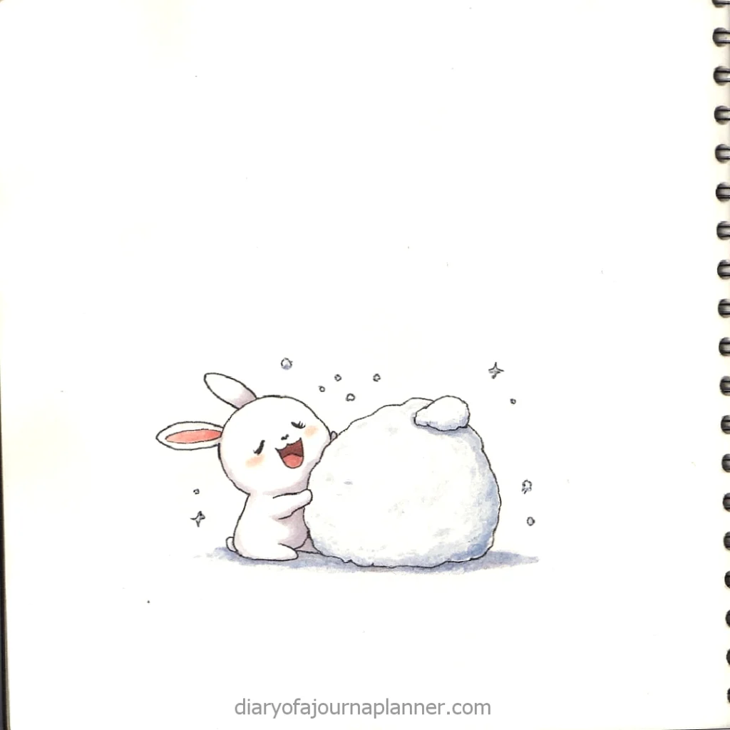 Cute bunny happily rolling a snowball on a white background.