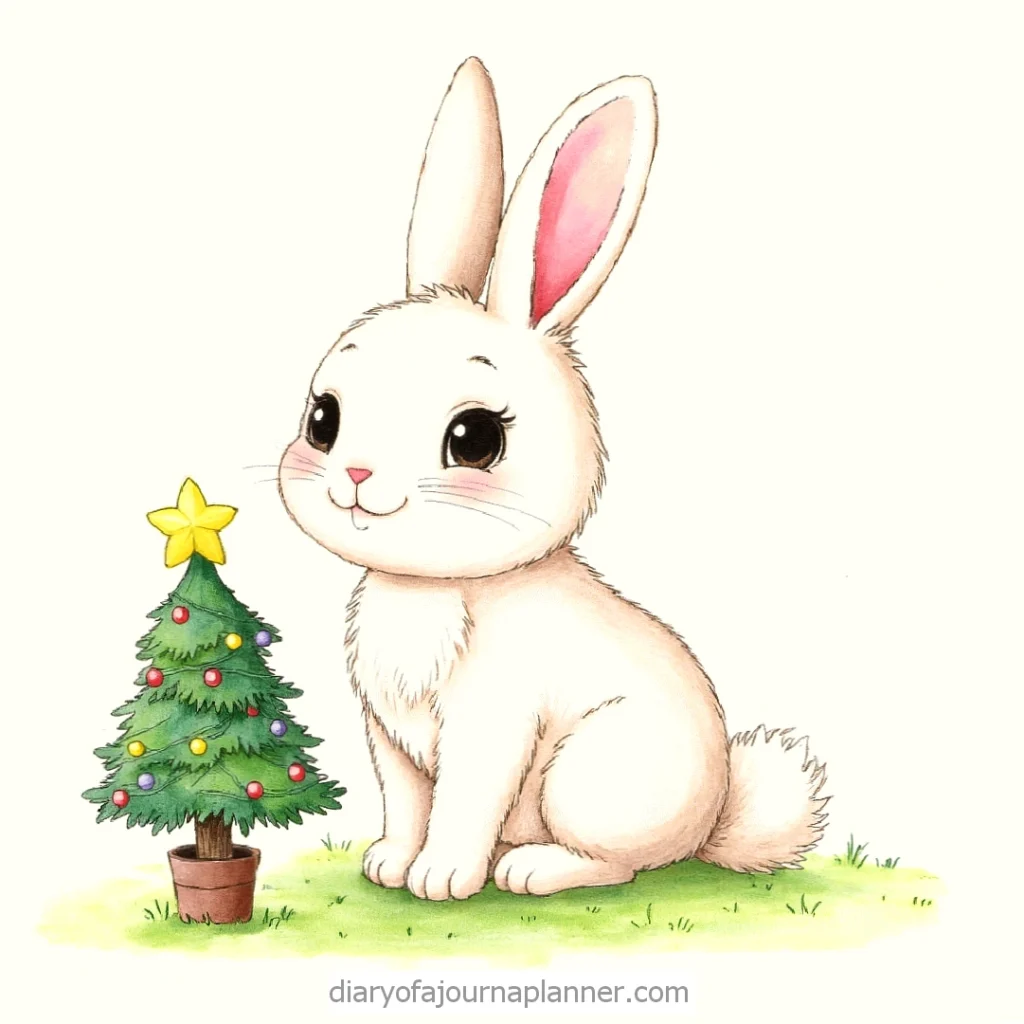 Cute bunny sitting by a small decorated Christmas tree on grass, showcasing a festive holiday scene.