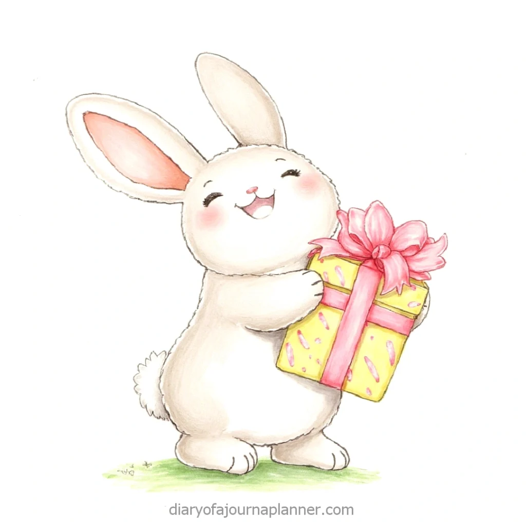 Cute cartoon bunny holding a yellow gift with a pink bow, smiling happily on a white background.