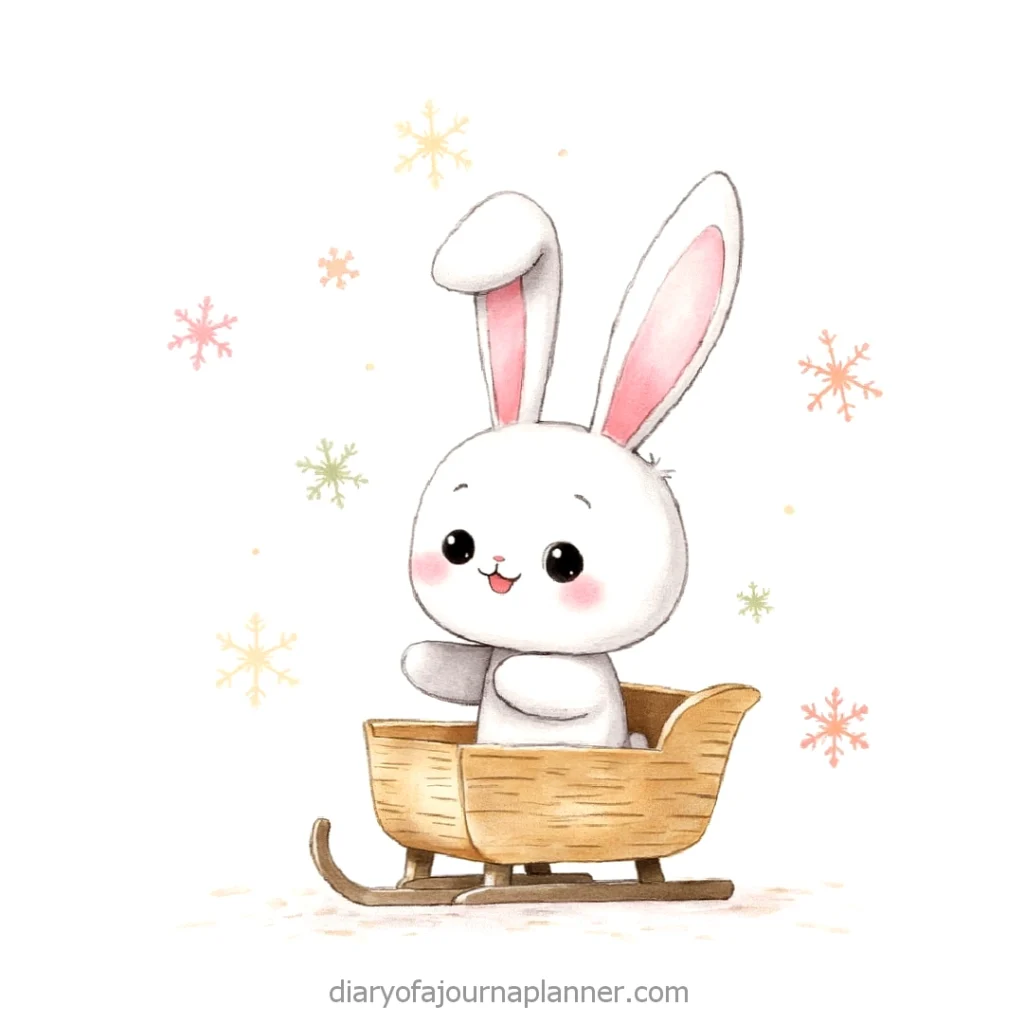 Cute bunny in a sled surrounded by colorful snowflakes, perfect for a winter-themed design.