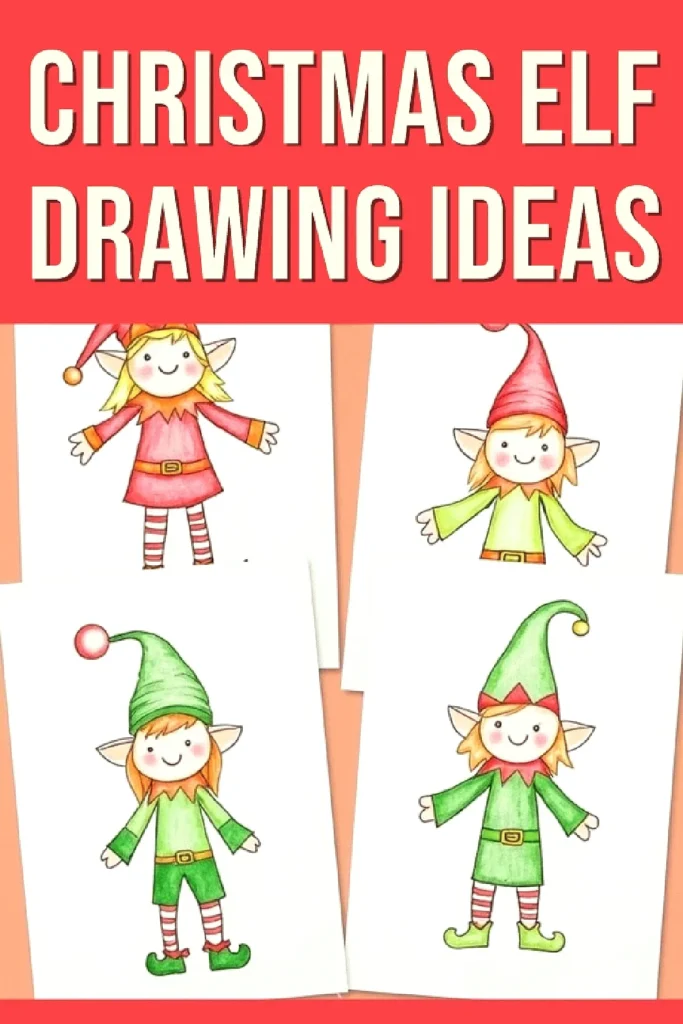 Christmas Elf Drawing Ideas: Four adorable cartoon elves in festive attire for holiday inspiration.