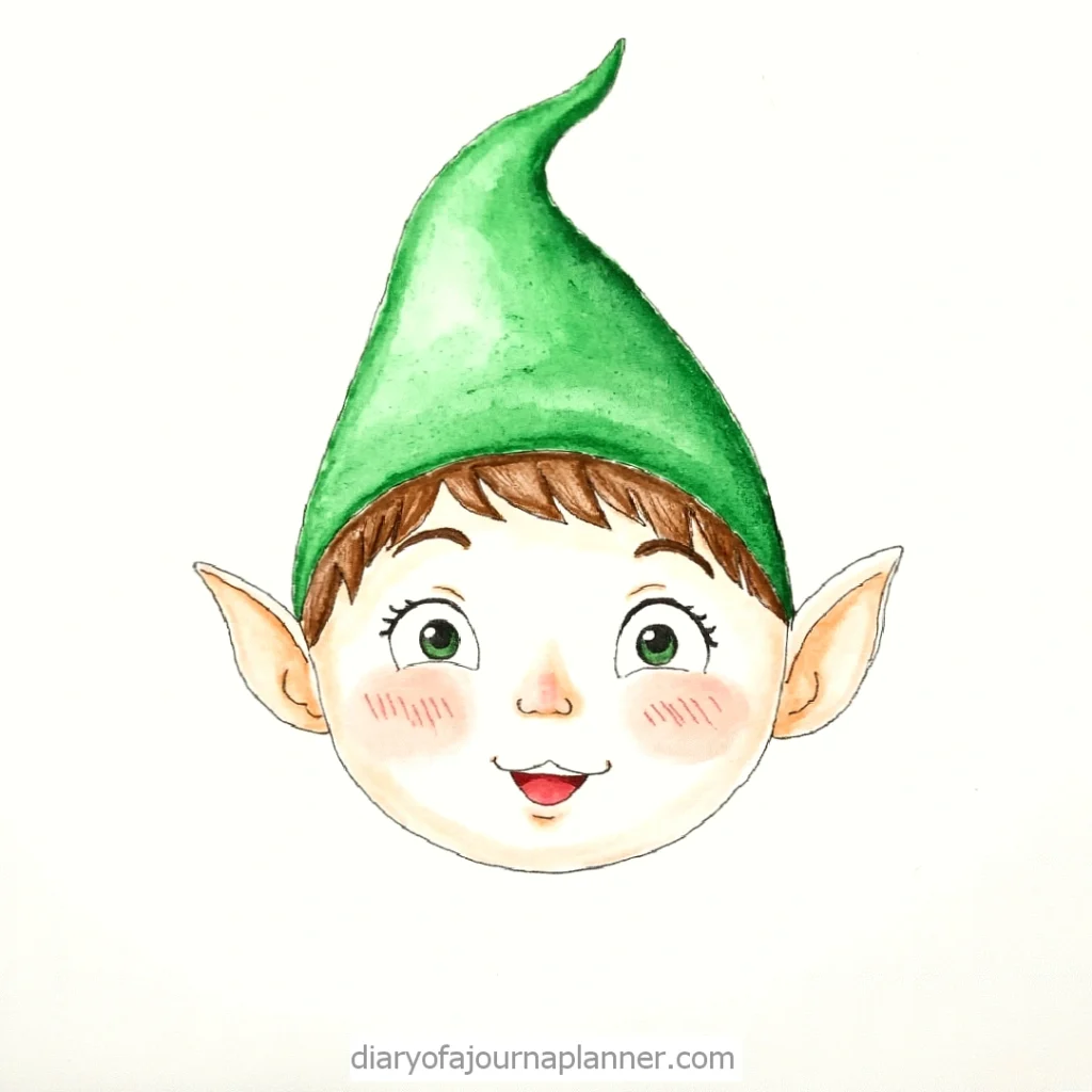 Cute cartoon elf with a green hat and rosy cheeks, smiling with wide eyes.