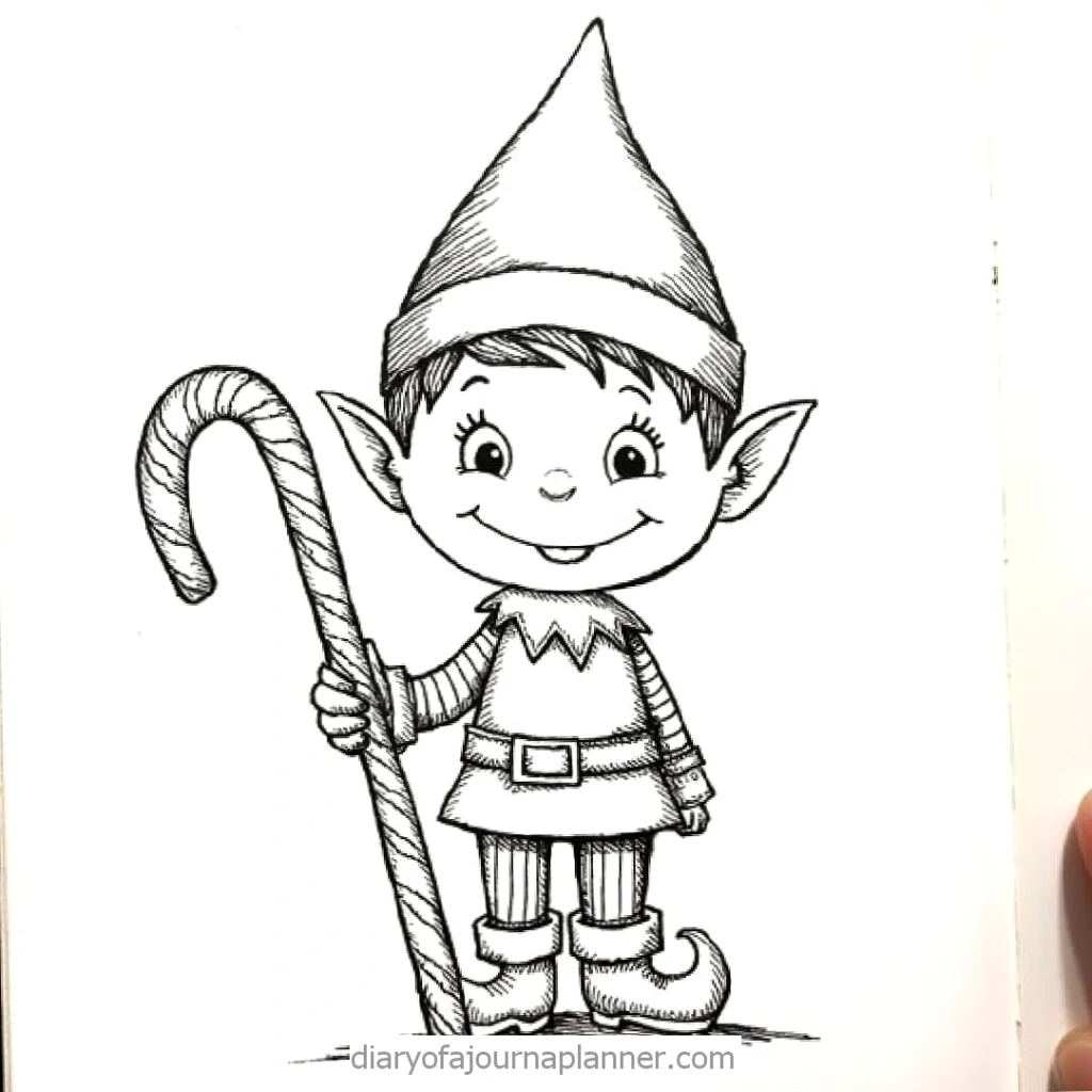Cartoon elf holding a candy cane, wearing a pointy hat and festive outfit. Black and white illustration.