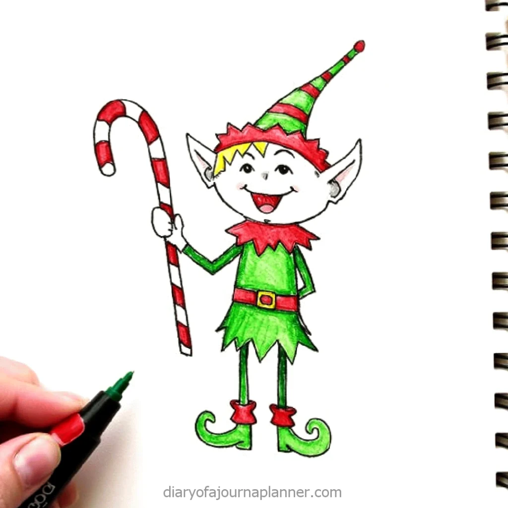 Drawing of a festive elf holding a candy cane, hand coloring illustration in a sketchbook.