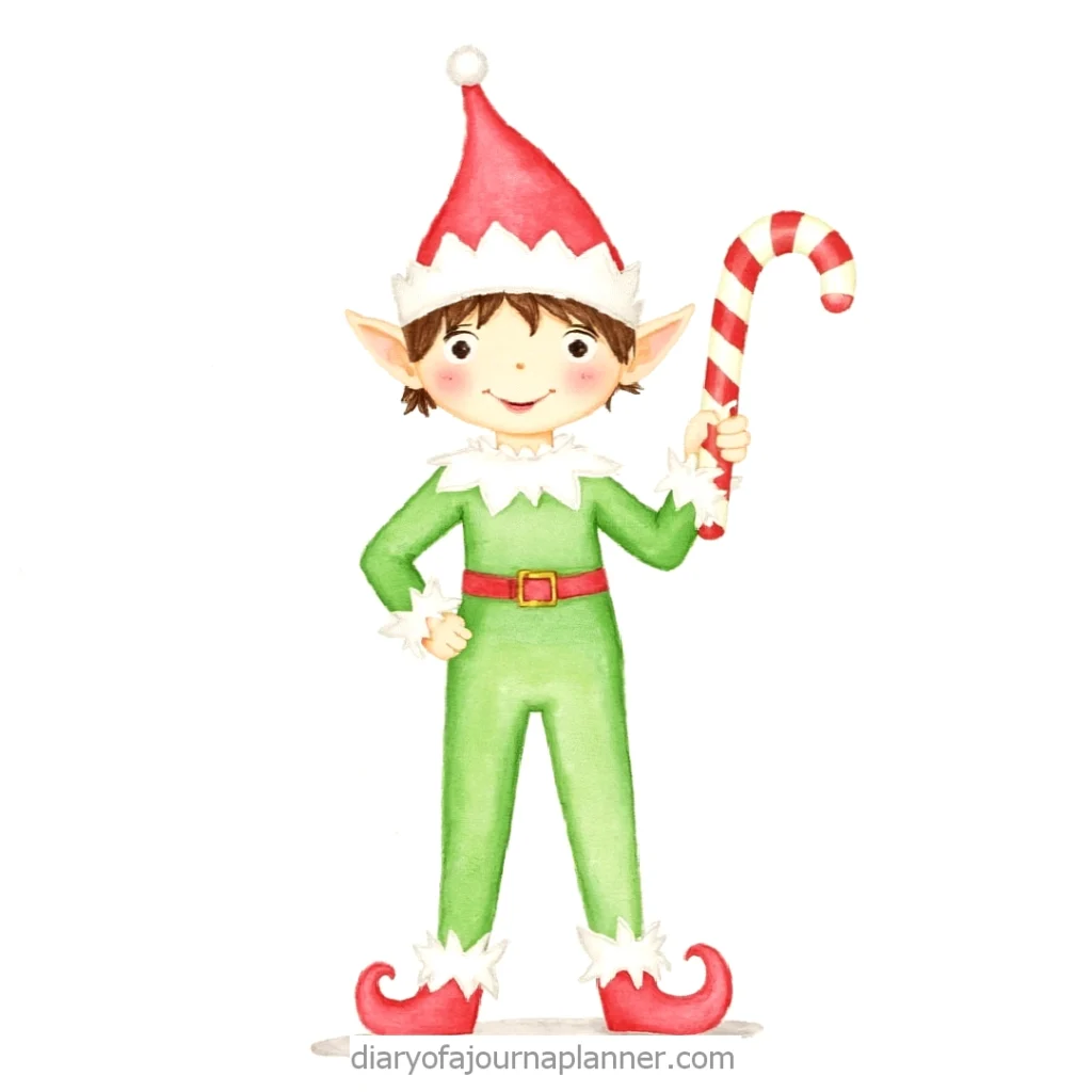 Cute Christmas elf in green outfit holding a candy cane, wearing a red and white hat.