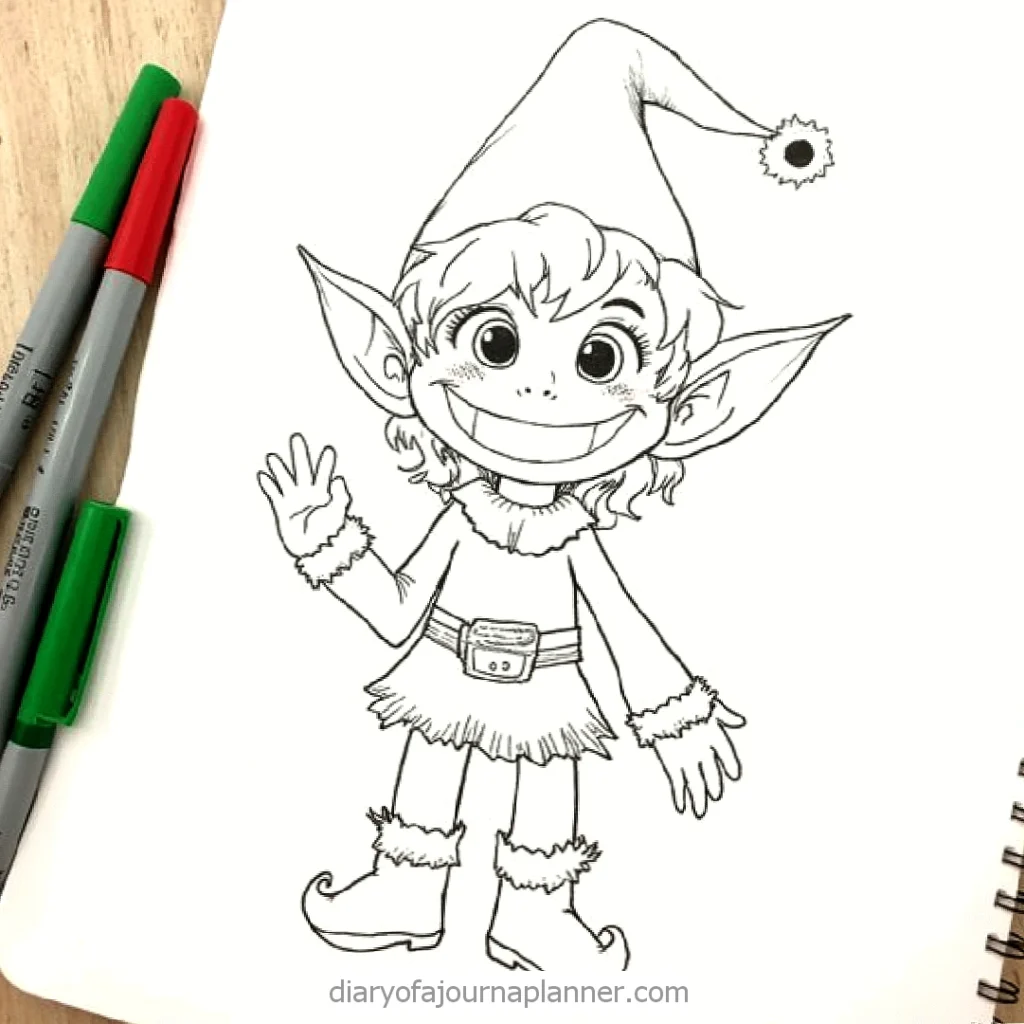 Cartoon elf drawing with a pointed hat and boots, waving cheerfully. Black and white sketch on a notebook page.