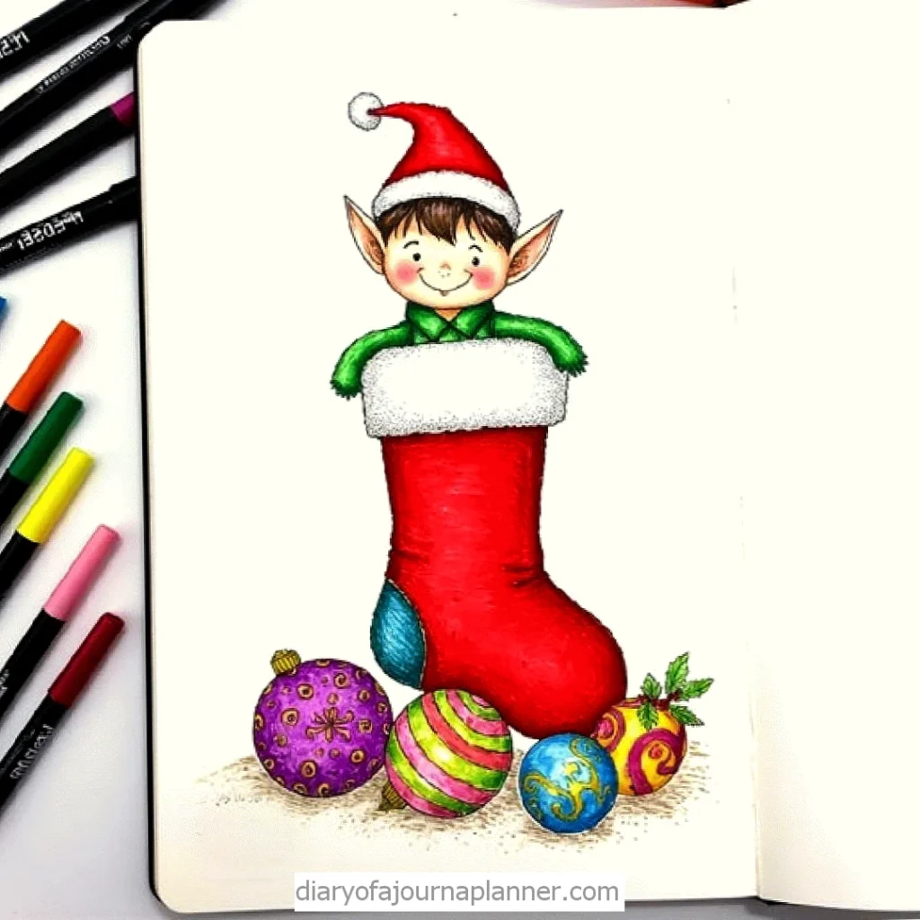 Illustration of a cute elf in a Christmas stocking with colorful baubles and markers nearby.