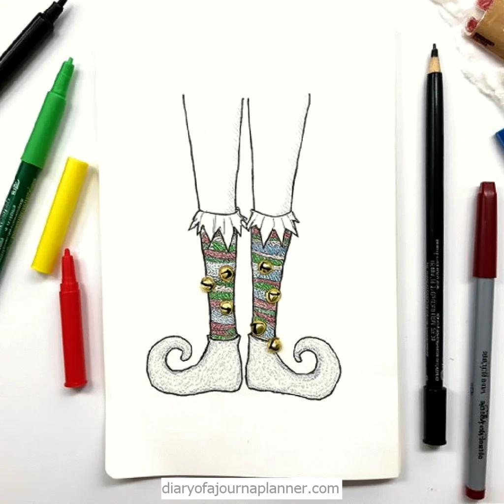 Elf sock sketch with bells and curly shoes, surrounded by colorful markers on a white page.