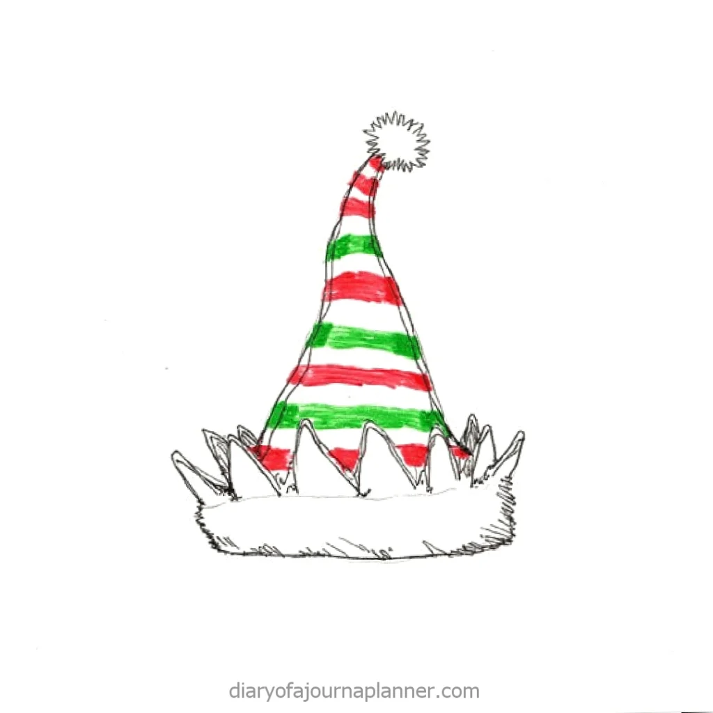 Illustration of a festive elf hat with red and green stripes and a fluffy brim.