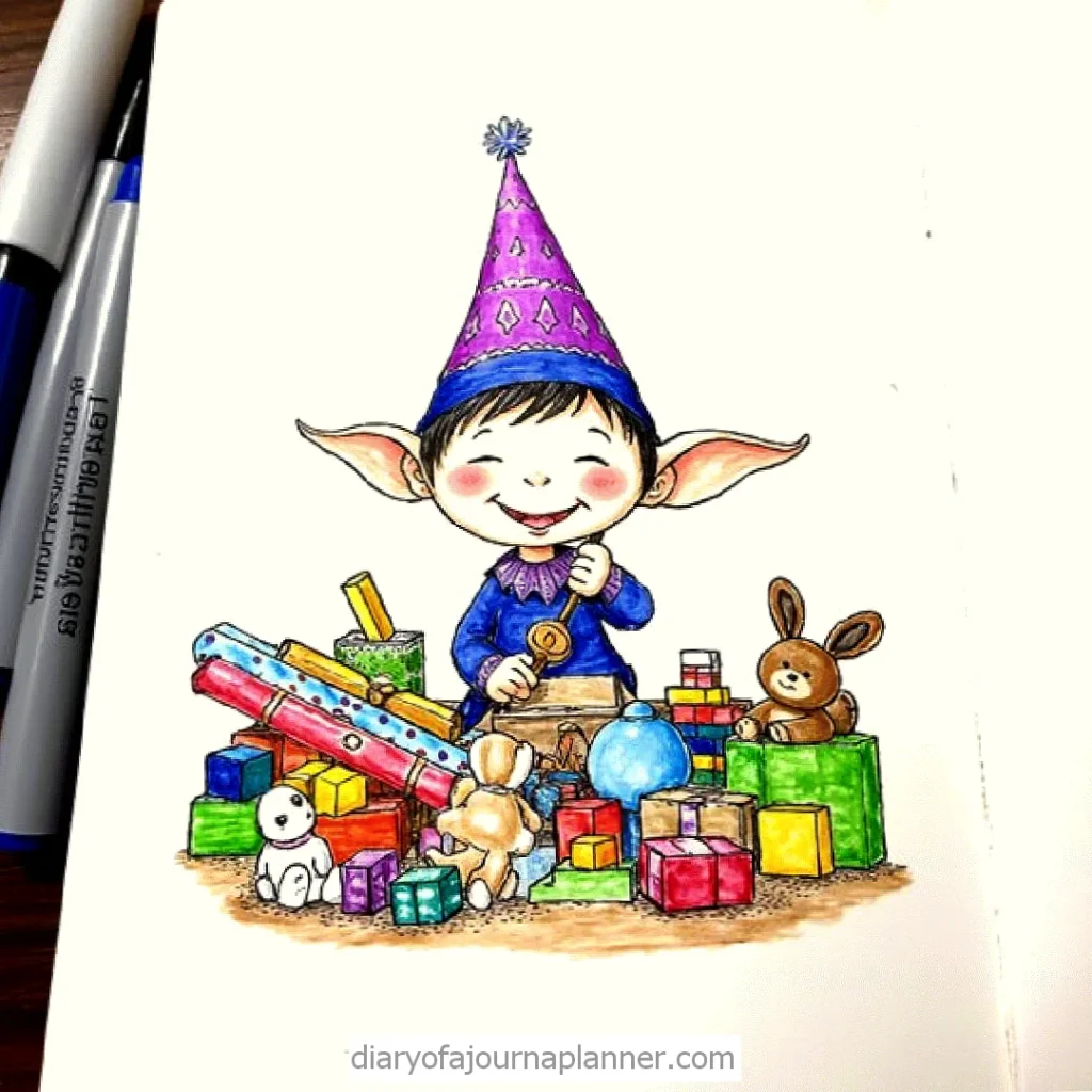 Smiling elf with large ears and a purple hat, surrounded by colorful gifts and toys, on a bright holiday illustration.