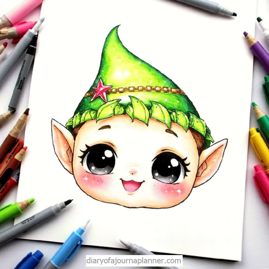 Cute elf drawing in green hat with markers and colored pencils around. Ideal for festive or whimsical art themes.
