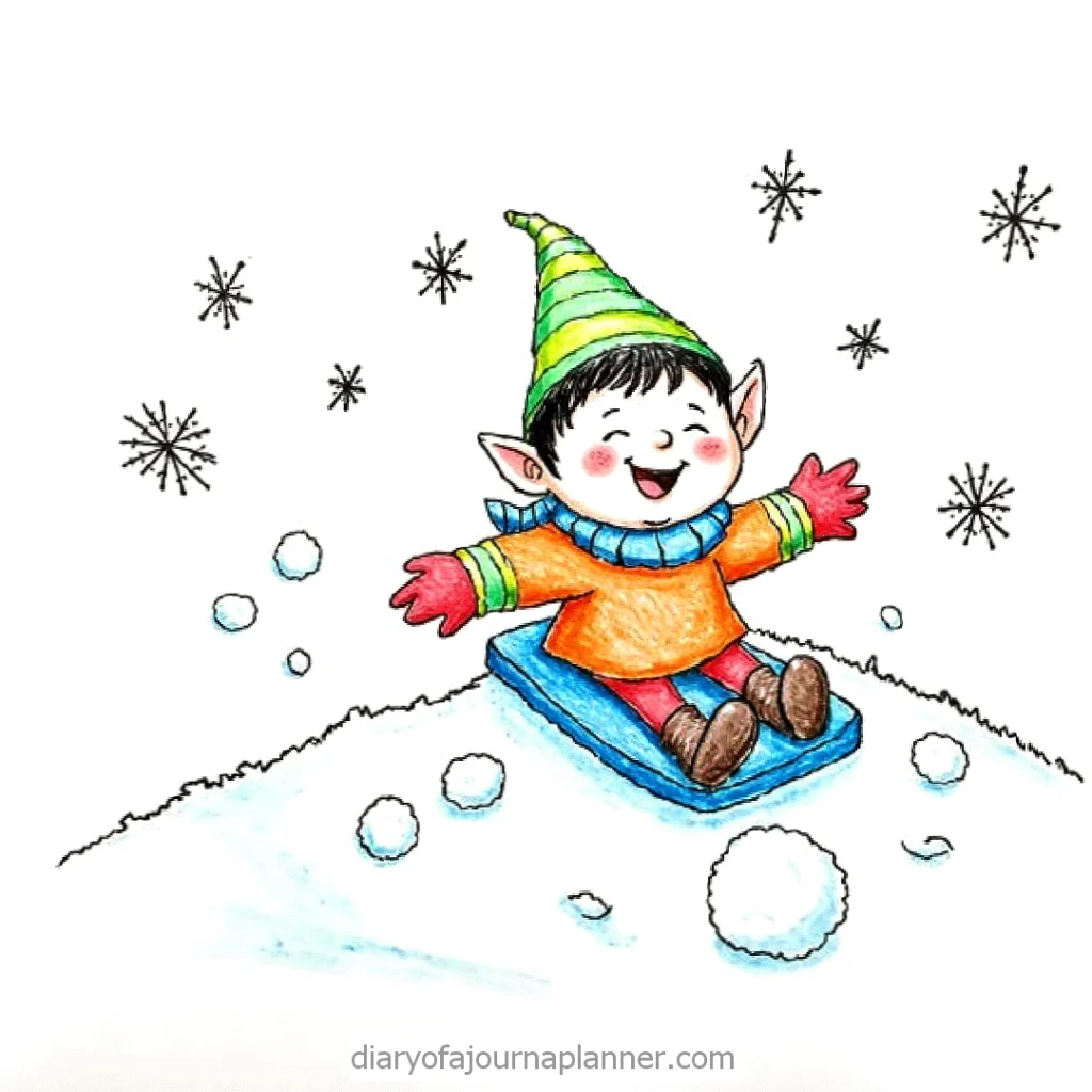 Cheerful elf sledding down snowy hill with snowflakes and snowballs, wearing a green hat and orange coat.
