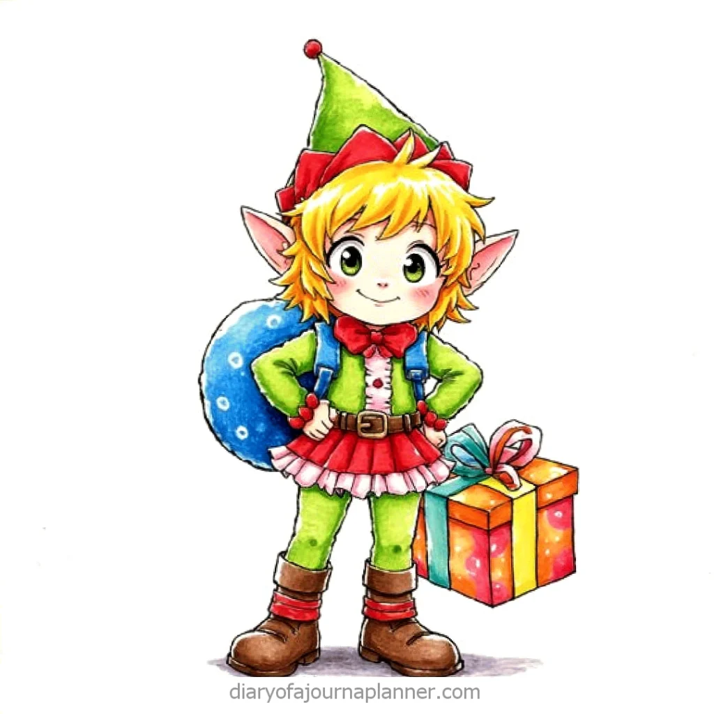 Cute Christmas elf with gift box and blue sack, wearing green and red outfit.