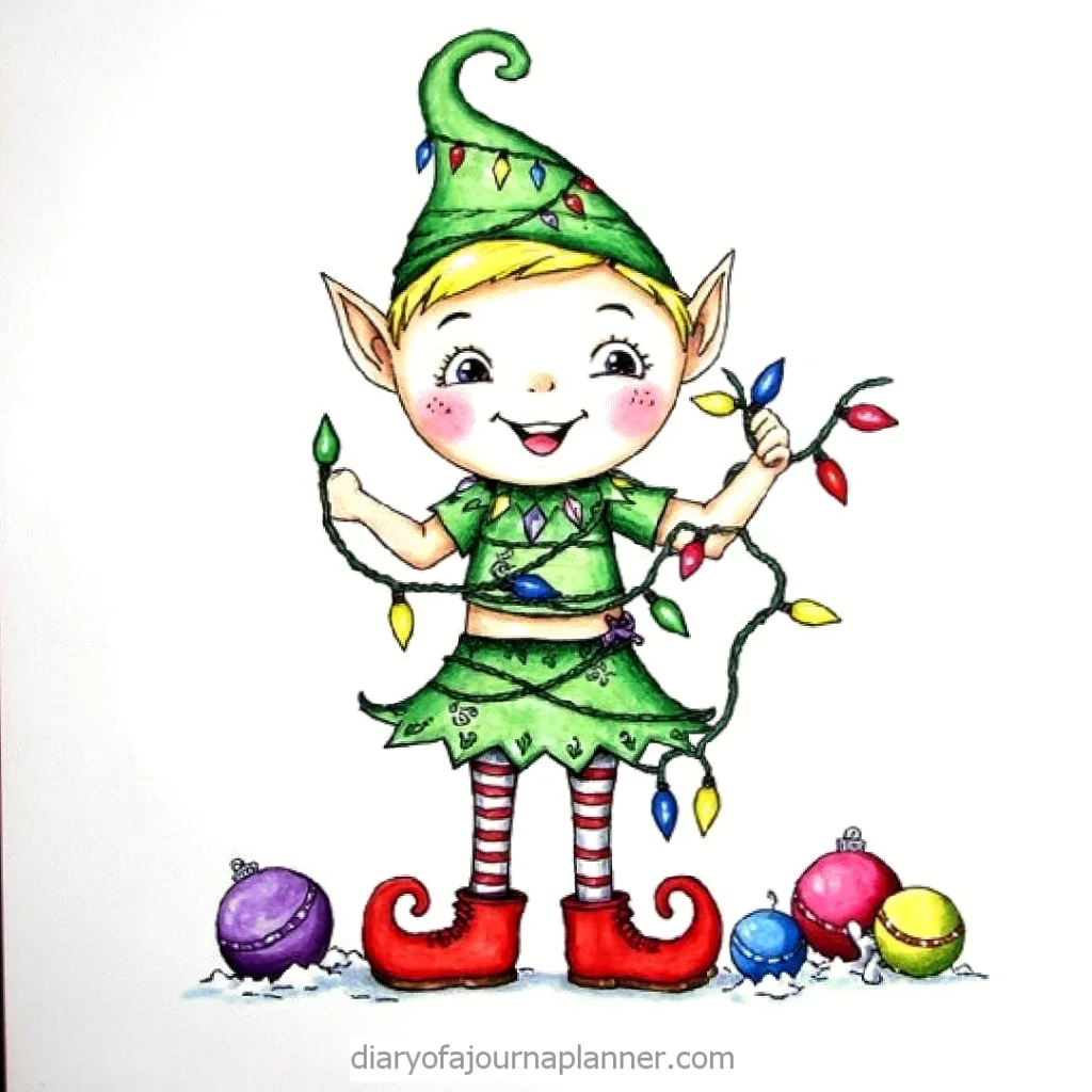 Cute Christmas elf with colorful holiday lights and ornaments, wearing green outfit and red shoes.