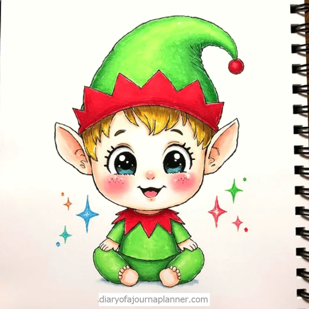 Cute elf in a green outfit and hat, sitting with colorful sparkles around, inside a sketchbook illustration.