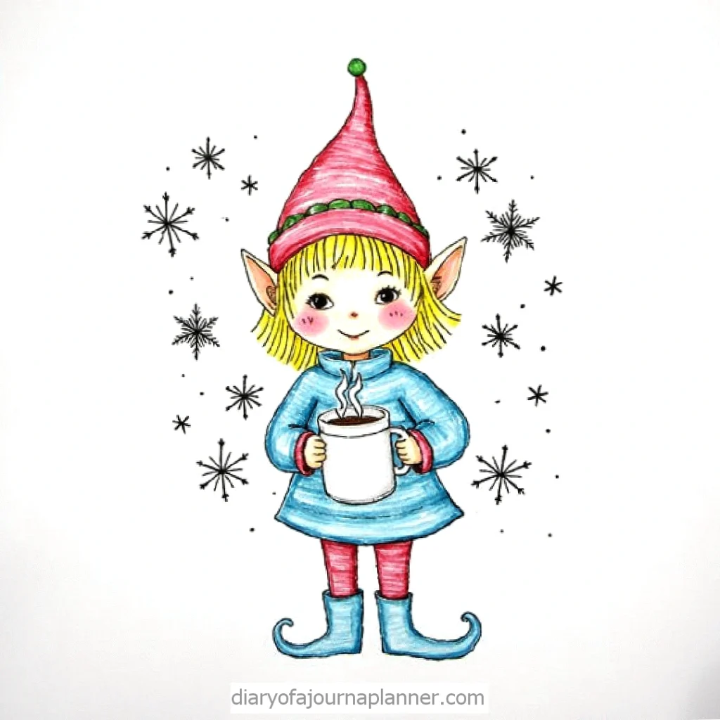 Cute elf in festive attire holding a mug, surrounded by snowflakes, perfect for winter or holiday themes.