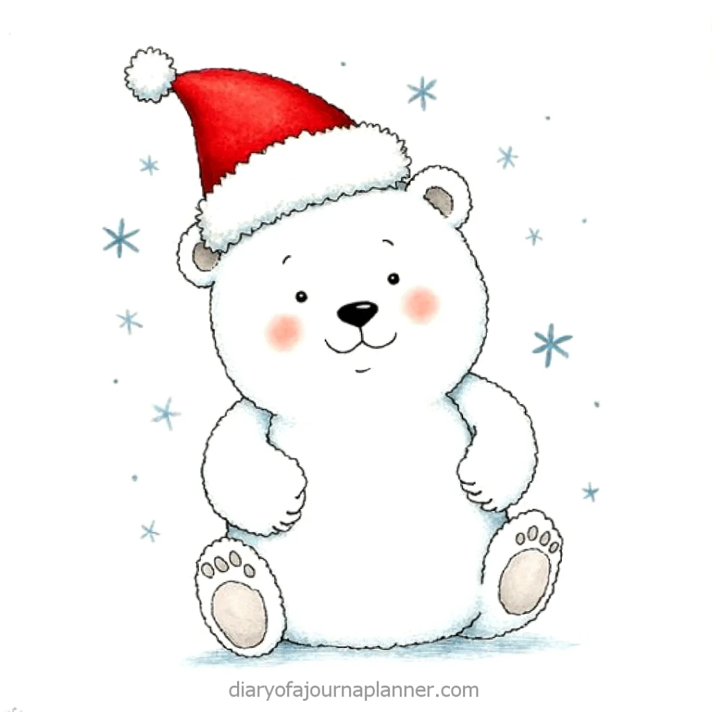 Cute polar bear wearing a Santa hat, surrounded by snowflakes in a festive holiday illustration.