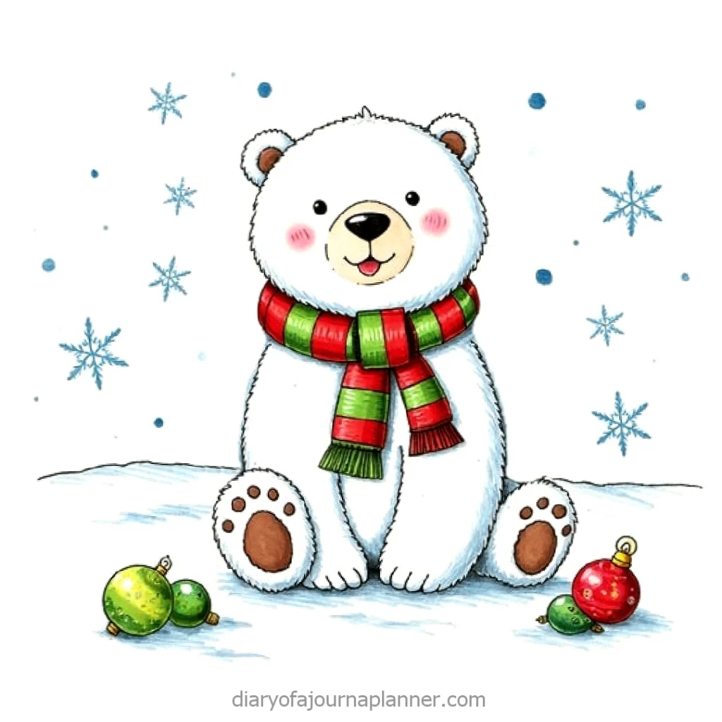 Cute polar bear wearing a striped scarf with ornaments in snow, surrounded by snowflakes.