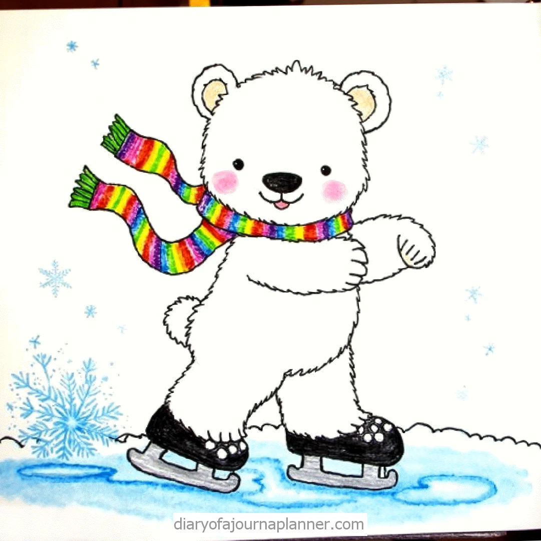 Cute polar bear in a rainbow scarf ice skating on a frozen pond with snowflakes.