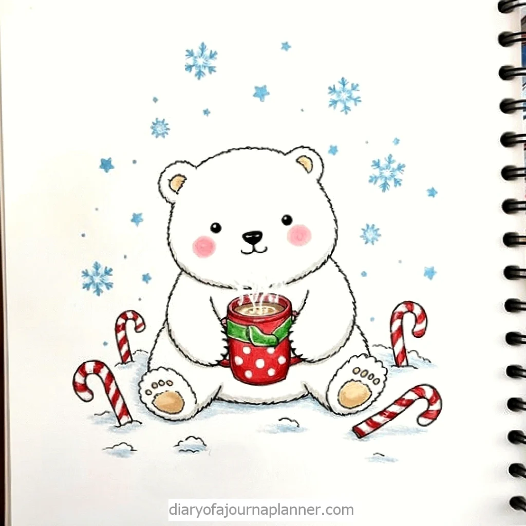 Cute bear with hot cocoa and candy canes, surrounded by snowflakes, in a festive holiday setting.
