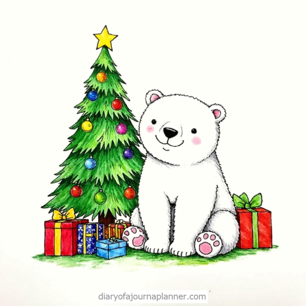 Cute polar bear with a Christmas tree, colorful ornaments, and gifts, creating a festive holiday scene.