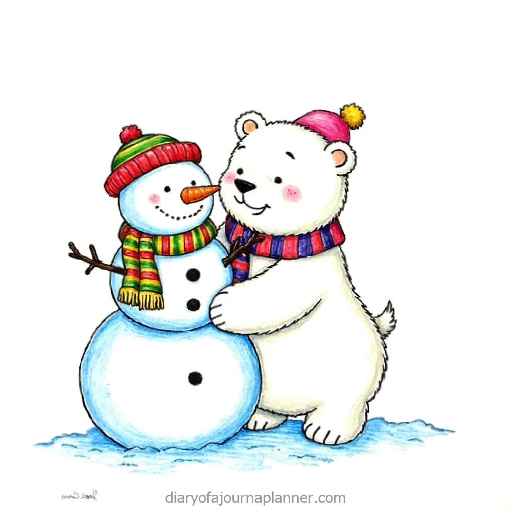 Cute bear with a red hat hugging a snowman in colorful scarves on snow. Winter friendship illustration.