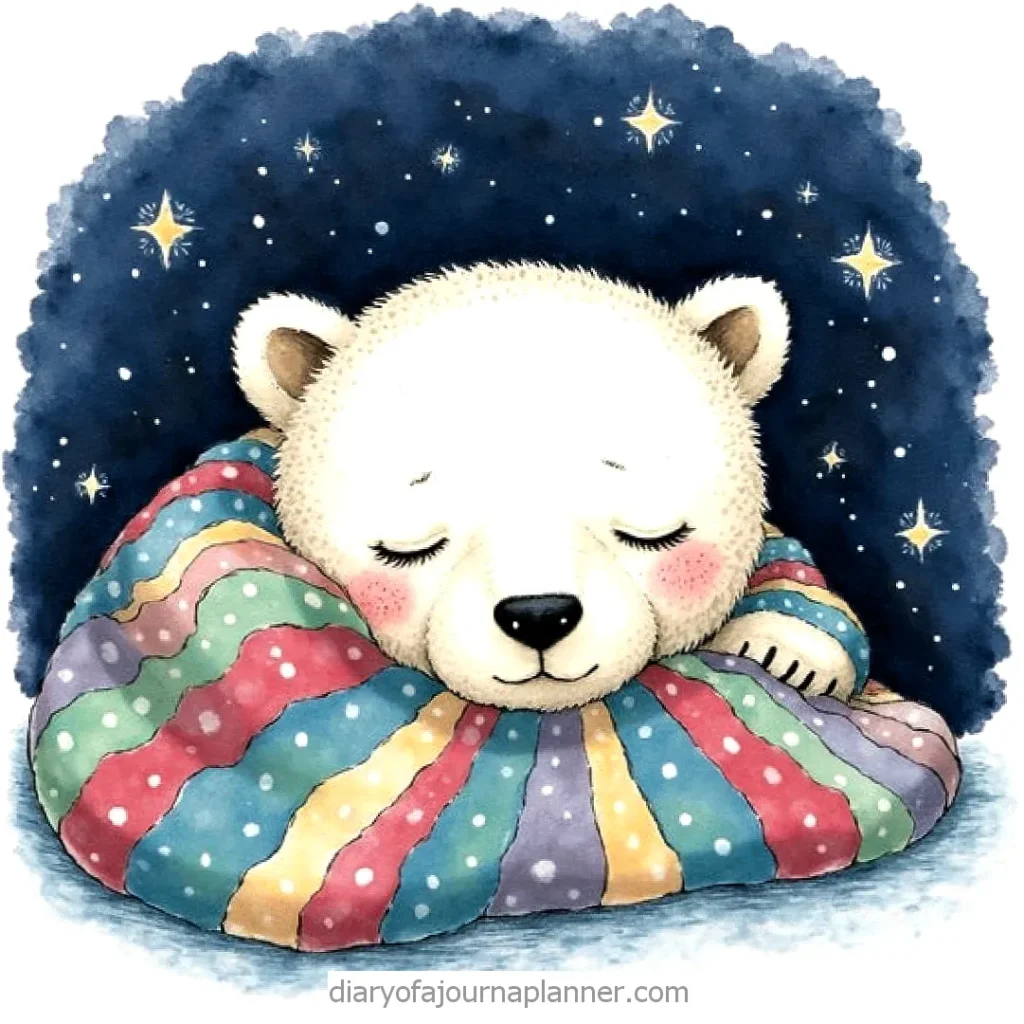 Cute bear peacefully sleeping on a colorful pillow under a starry sky, illustration.