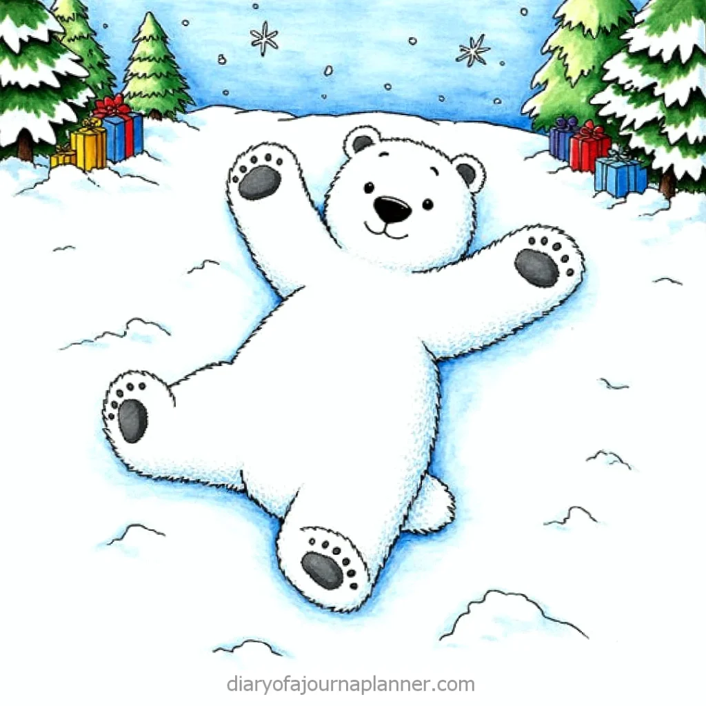 Cute polar bear making snow angels amidst snowflakes and presents in a winter wonderland.