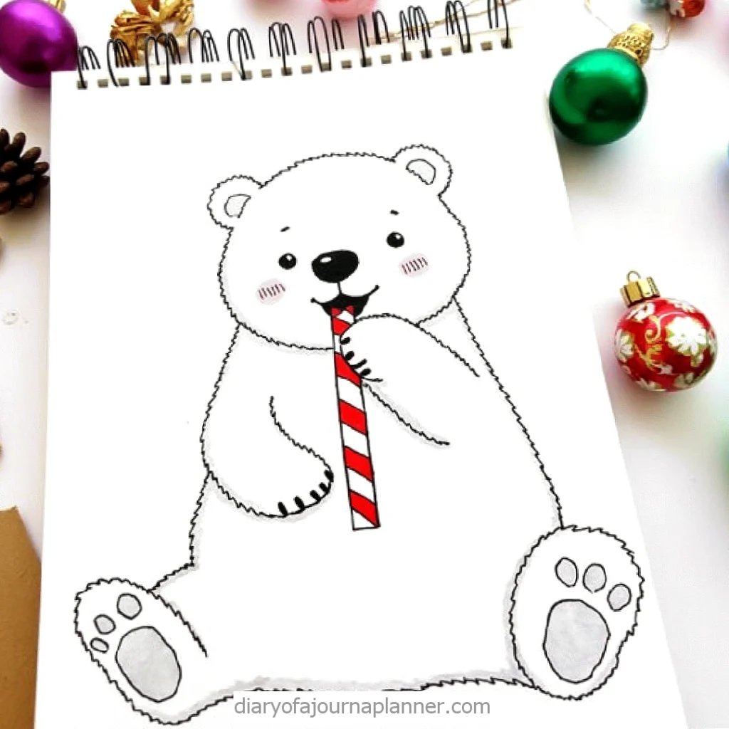 Cute polar bear illustration holding candy cane, surrounded by festive Christmas ornaments.