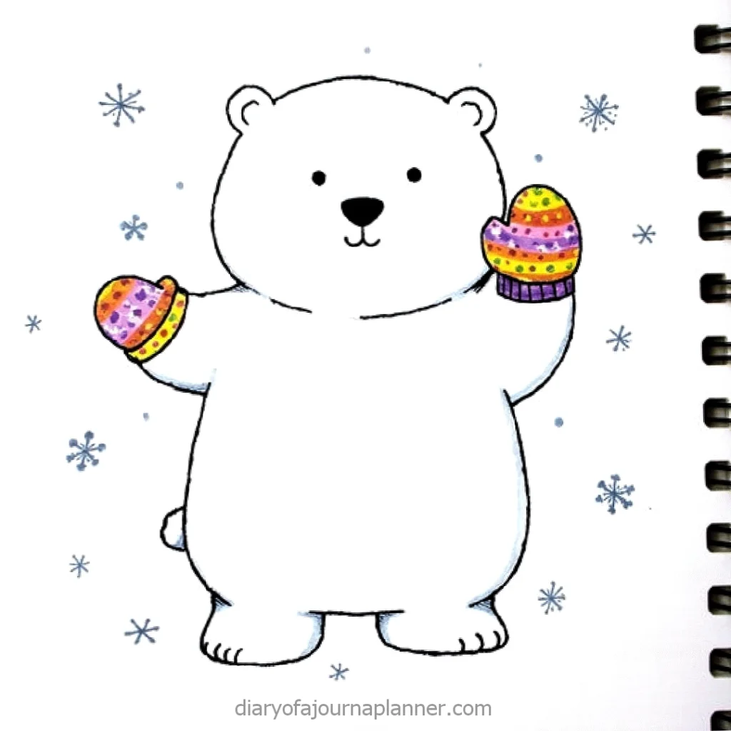 Cute cartoon polar bear wearing colorful mittens with snowflakes, perfect for winter-themed designs and illustrations.
