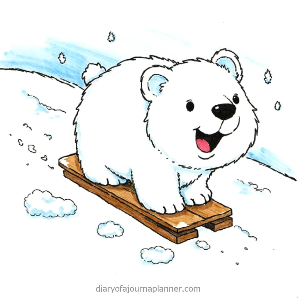 Cute polar bear cub joyfully sledding on snowy hill, surrounded by falling snowflakes.